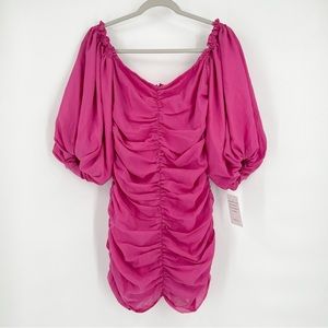 NWT For Love And Lemons Bali Ruched Puff Sleeve Mini Dress Bright Pink Medium